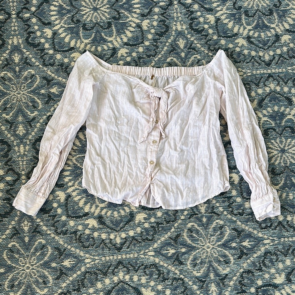 Free People White & Cream Stripe Long Sleeve Tie Front Blouse